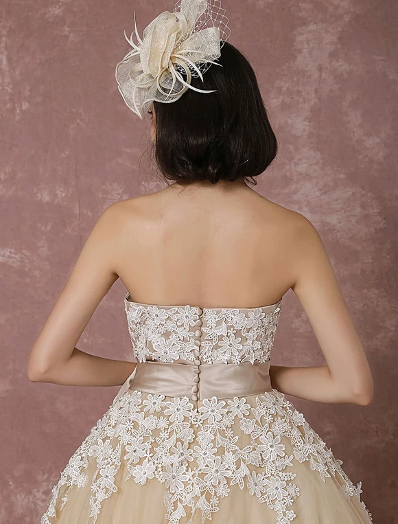 Lace Wedding Dress Tulle Champagne Bridal Gown With Shrug Cape Ball Gown Strapless Sweetheart Ribbon Bow Sash Ankle Length Bridal Dress Milanoo - Image 12