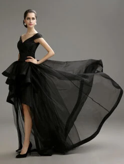 Black Prom Dresses 2023 Long Ball Gown Off The Shoulder Prom Dress High Low Ruffles Detachable Train Party Dress Milanoo