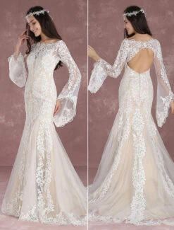 Summer Wedding Dresses 2023 Boho Beach Mermaid Bridal Dress Lace Applique Keyhole Bateau Fishtail Champagne Bridal Gown With Train Milanoo
