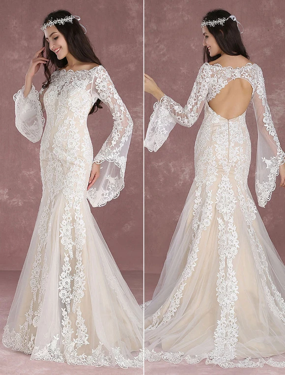 Summer Wedding Dresses 2023 Boho Beach Mermaid Bridal Dress Lace Applique Keyhole Bateau Fishtail Champagne Bridal Gown With Train Milanoo