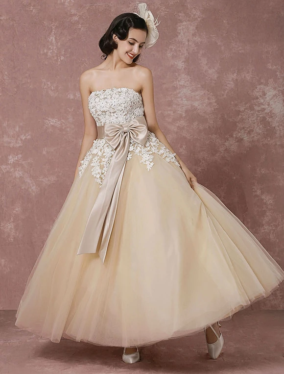 Lace Wedding Dress Tulle Champagne Bridal Gown With Shrug Cape Ball Gown Strapless Sweetheart Ribbon Bow Sash Ankle Length Bridal Dress Milanoo - Image 4