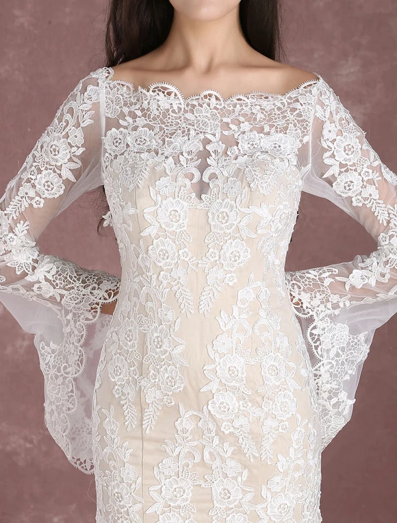 Summer Wedding Dresses 2023 Boho Beach Mermaid Bridal Dress Lace Applique Keyhole Bateau Fishtail Champagne Bridal Gown With Train Milanoo - Image 11