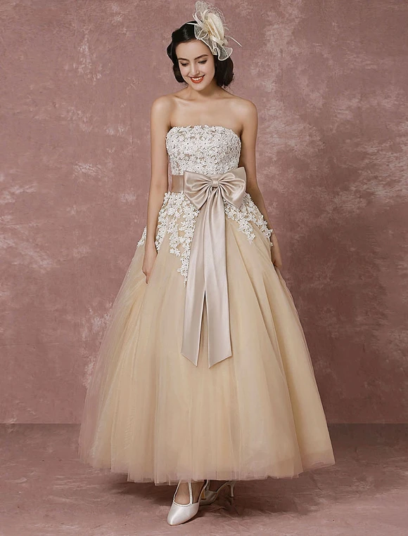 Lace Wedding Dress Tulle Champagne Bridal Gown With Shrug Cape Ball Gown Strapless Sweetheart Ribbon Bow Sash Ankle Length Bridal Dress Milanoo - Image 7