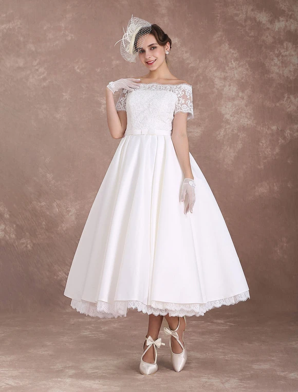 Short Wedding Dresses Vintage Bridal Dress 1950 Bateau Lace Short Sleeve Ivory Bow Sash Tea Length Wedding Reception Dress Free Customization - Image 3