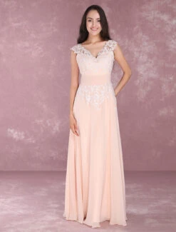 Chiffon Prom Dress 2023es Lace Applique Homecoming Dresses Nude V Neck Sleeveless Pleated Floor Length Dress Wedding Guest Dresses