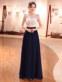 Evening Dresses Dark Navy Lace Formal Dress Illusion Beaded Contrast Color Floor Length Wedding Guest Dress
