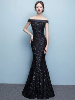 Black Evening Dress Lace Sequin Bateau Mermaid Formal Dress Off The Shoulder Floor Length Occasion Dress Wedding Guest Dress