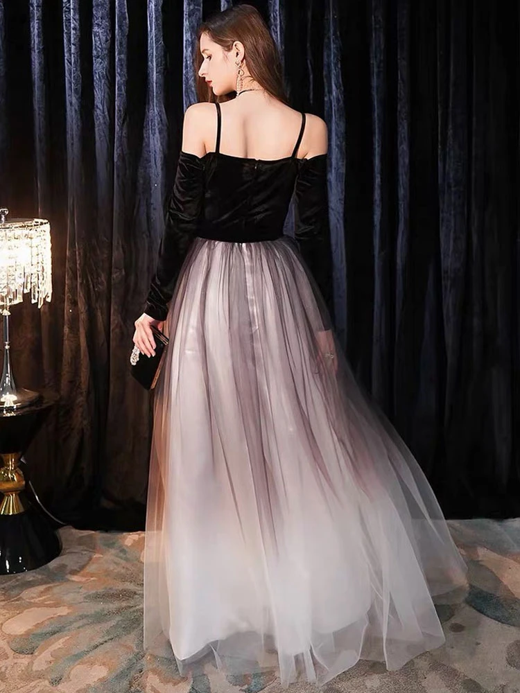 Prom Dresses Long Off The Shoulder Maxi Tulle Velvet Patchwork Formal Gowns - Image 2