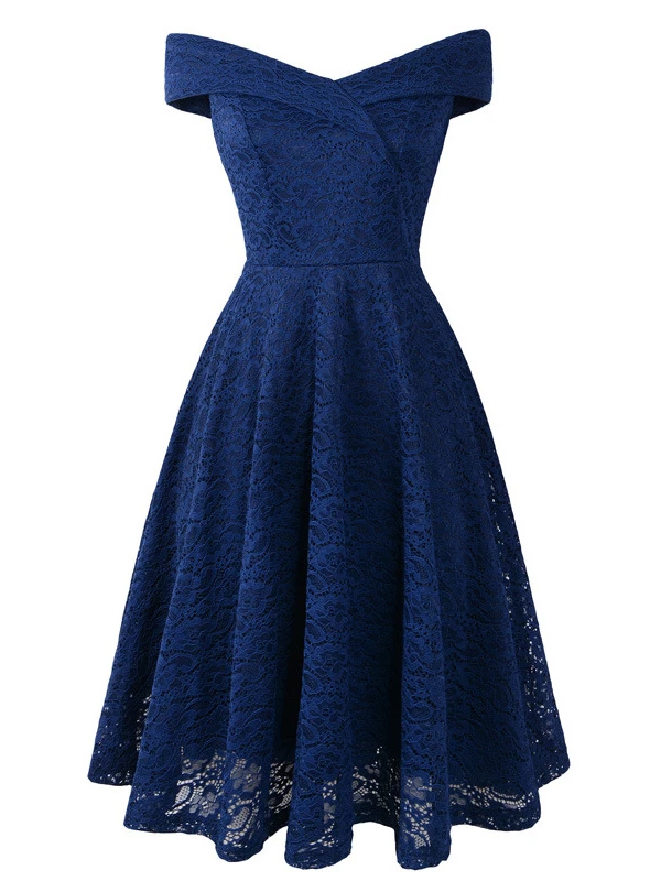 Lace Dresses Dark Navy V-Neck Sleeveless Open Shoulder Lace Hollow Out Retro Wrap Dresses - Image 5